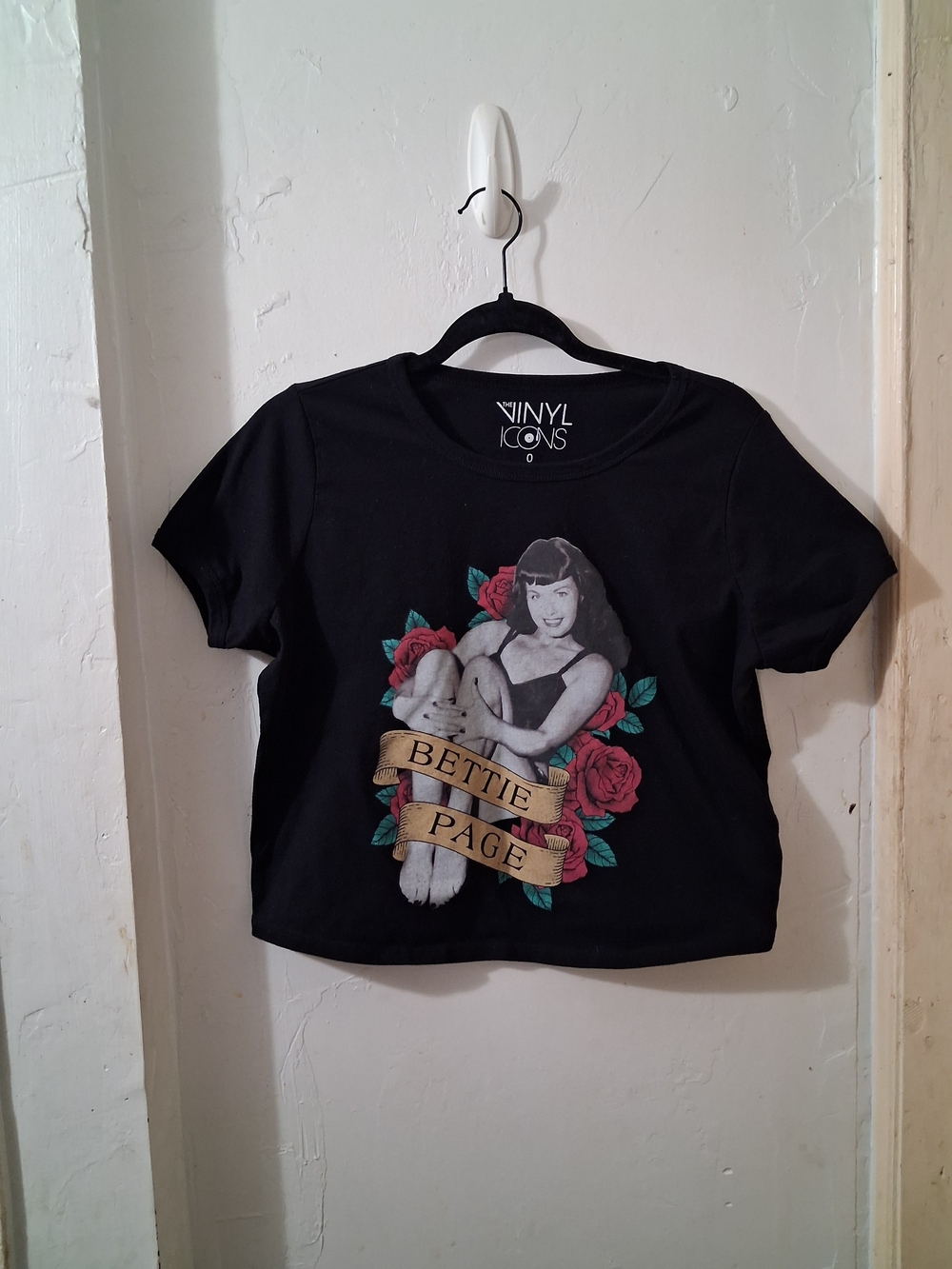 Bettie Page Black Tee with Red Roses and Gold Banner